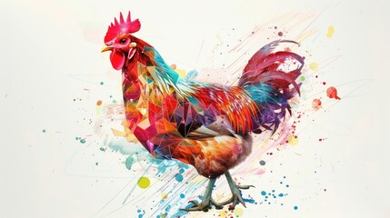 A conceptual artwork featuring a chicken made of geometric shapes and vibrant splashes of color