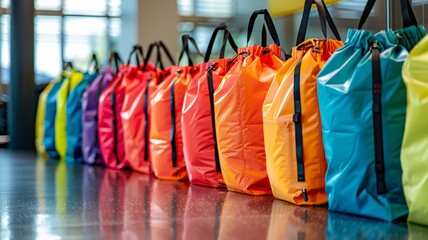 Vibrant workout bags in a row within a bright athletic space
