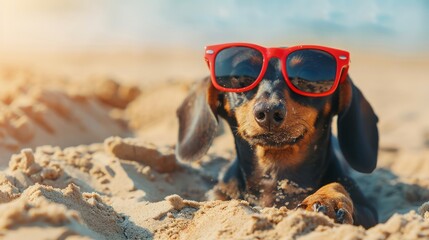 Beautiful dog of dachshund, black and tan, buried in the sand at the beach sea on summer vacation holidays, wearing red sunglasses