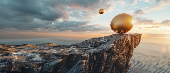 A dramatic image of an egg suspended over a cliff representing risk and potential - obrazy, fototapety, plakaty