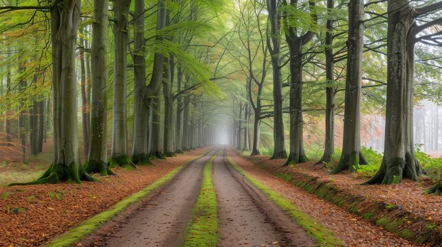 Tree lined autumn scene, forest path, copy and text space, 16:9