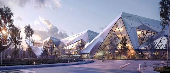 A high-tech research facility with a dynamic origami-inspired exterior - obrazy, fototapety, plakaty