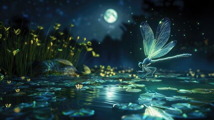 A luminous dragonfly with crystal wings leaping over a moonlit pond - obrazy, fototapety, plakaty