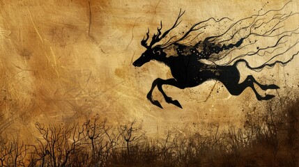A leaping silhouette of a fantastical creature casting a shadow that tells a story of ancient myths