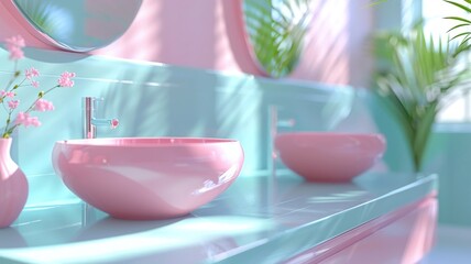 Chic powder room featuring smooth pink sinks bathed in calming aqua tones
