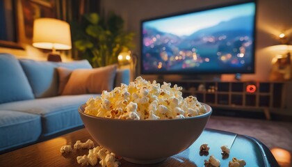 comfortable home setting featuring a bowl of popcorn in the foreground with a blurred television screen glowing in the background