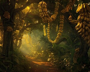 A mystical forest scene where bananas serve as light sources hanging from trees and illuminating the path