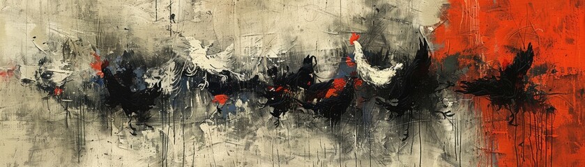 A modern abstract composition inspired by the movement of chickens pecking at the ground