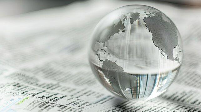A macro photograph of a crystal clear globe on a financial newspaper representing global business strategies