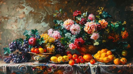 Obraz na płótnie Canvas A still life painting of luminous fruits and flowers showcasing the glossy finish of oil paints