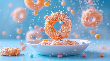 Quirky food art with bright cereal rings and playful illustrations on blue backdrop