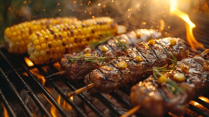 Summer backyard barbecue with corn and skewers on a warm evening