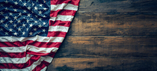 Obraz premium An American flag laid on an old wooden table, with copy space.