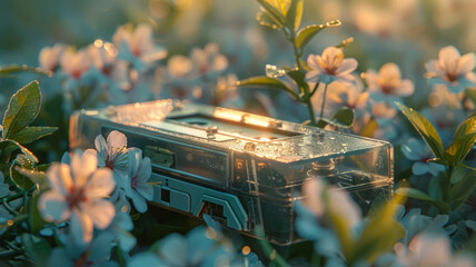 Floral accents emerge from retro music cassettes in a fresh spring tableau
