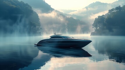 Sleek private boat on glassy water with morning mist
