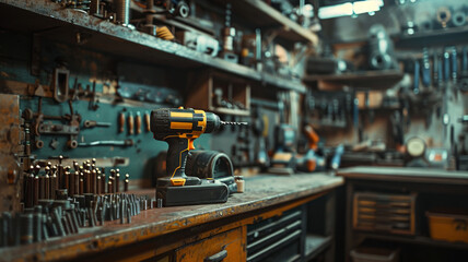 Electric drill beside screws with a backdrop of industrial shelves