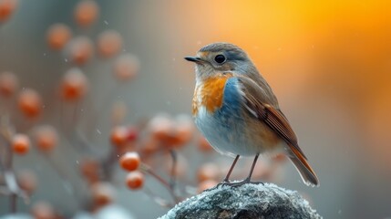   A small bird sits atop a rock, nestled beside a tree laden with red and orange berries against a backdrop of snow