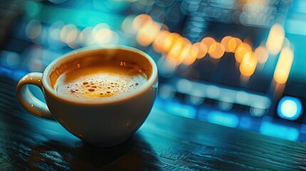 Close-up of a cup of espresso on a busy desk with blurred financial charts in the background