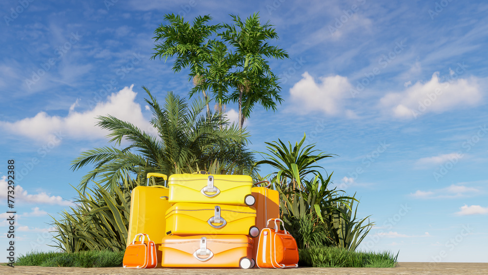 Wall mural Travel background with a pile of luggage in a tropical setting