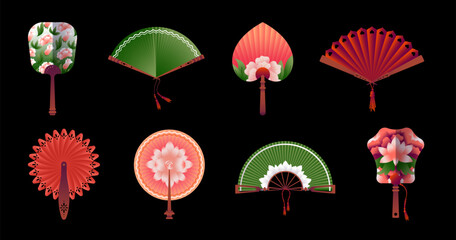 Hand paper fans. Oriental souvenirs. Japanese vintage tradition design. Japan or China pattern object. Handheld cooling geisha attribute. Chinese clothing. Vector Asian accessories set