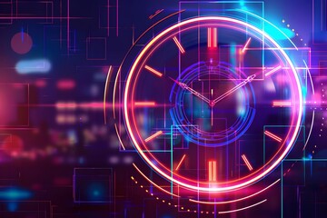 Abstract clock with technology background in colorful neon. - obrazy, fototapety, plakaty