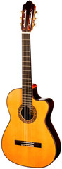 Obraz premium Classical Spanish flamenco guitar close up, dramatically lit isolated on white background with copy space.
