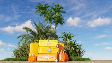 Travel background with a pile of luggage in a tropical setting