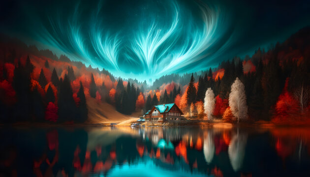 A serene lakeside landscape with an ethereal sky. The tranquil lake mirrors the warm autumn hues and the rustic house, while the sky performs a celestial dance with an otherworldly aurora