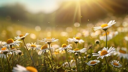The landscape of white daisy blooms in a field, with the focus on the setting sun. The grassy meadow is blurred, creating a warm golden hour effect during sunset and sunrise time with lying butterfly.