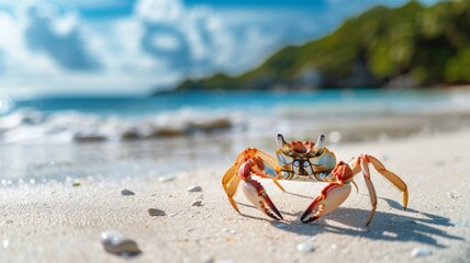 A crab on the beach behind the sandy beach on a clear day. world ocean day world environment day .Virtual image.