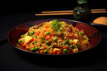Juicy fried rice on a slate plate against a woolen fabric background