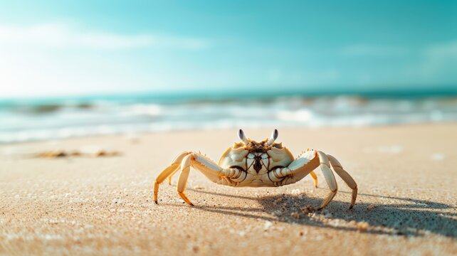 A crab on the beach behind the sandy beach on a clear day. world ocean day world environment day .Virtual image.