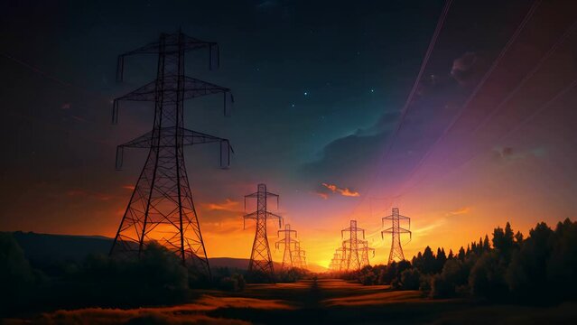 Electricity transmission towers with orange glowing wires the starry night sky. Energy infrastructure concept, energy, electricity, voltage, supply