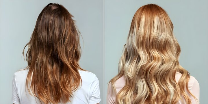 Transformation photo of womans frizzy heatdamaged hair before and after keratin treatment and balayage highlights. Concept Hair Transformation, Keratin Treatment, Balayage Highlights