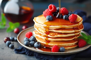   A plate holds a stack of pancakes topped with blueberries and raspberries Background features a glass filled with syrup