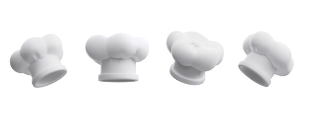 White chef hat 3D style vector icons set, professional headwear of kitchen uniform, volume cook or baker cap round shape