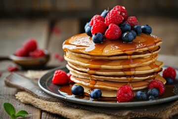   A stack of pancakes topped with raspberries and blueberries on a plate atop a wooden table