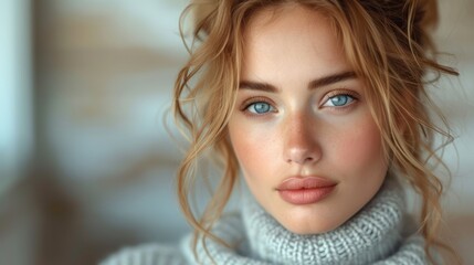   A tight shot of a woman with blue eyes, dressed in a turtleneck sweater, and a cozy knitted scarf wrapped around her neck