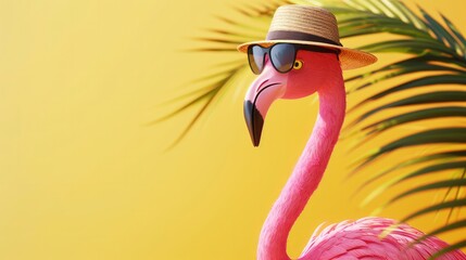 Pink flamingo with sunglasses and hat under palm leaf on yellow summer background 3D Rendering, 3D Illustration