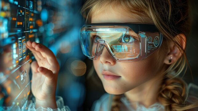 cute litter girl student with (VR) virtual reality headset  - Powered by Adobe