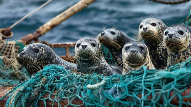 Seals caught in fishing nets on boats world ocean day world environment day Virtual image