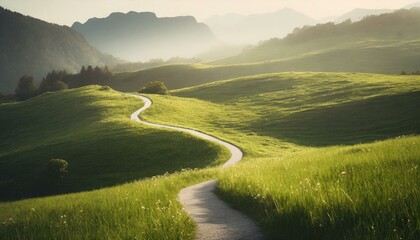 Scenic winding path through a field of green grass in the morning