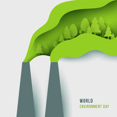 Pipe of factory with green smoke and trees above. Creative 3d paper cut style. Save planet composition. Modern ecology concept art. Abstract minimal vector illustration.