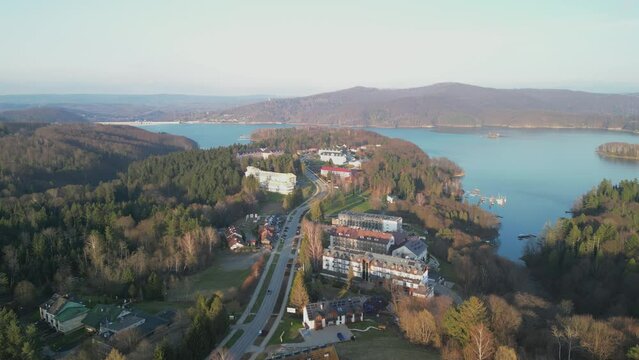  view of the tourist village Polańczyk and the Solina dam reservoir