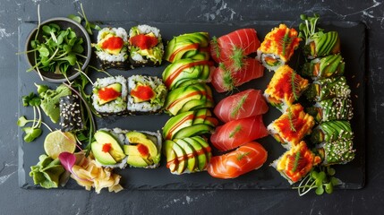 An assorted sushi platter featuring nigiri, maki, and avocado slices, beautifully garnished and ready to enjoy.