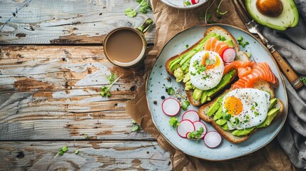 Inviting breakfast plate of avocado toast topped with poached eggs and smoked salmon, served with a mug of coffee.