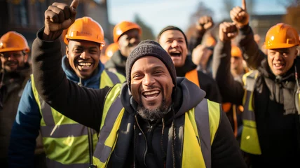 Foto op Canvas Construction workers smiling in yellow vests and vests raise their hands in the air at construction site,generative ai © Suralai