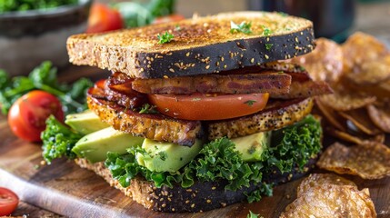 A classic BLT sandwich with crispy bacon, fresh lettuce, and ripe tomatoes, enhanced with creamy avocado slices, served with a side of chips. - 773294359