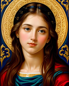 Una imagen que representa a una santa católica con una aureola tras ella