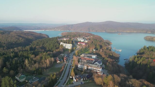  view of the tourist village Polańczyk and the Solina dam reservoir